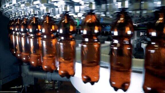 工作机器将啤酒倒入瓶子中关闭