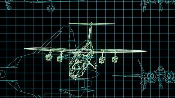 动画显示一个技术图纸的飞机设计正在绘制的非常详细和准备好的三维模型的飞机