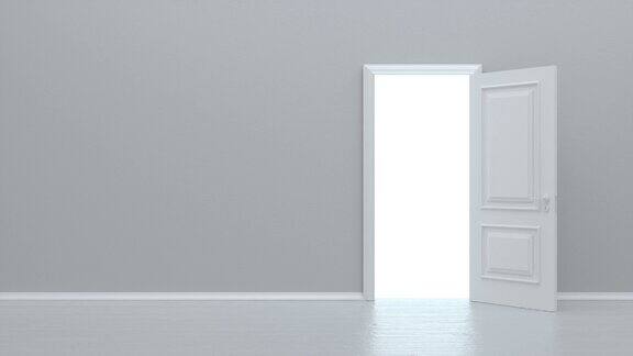 明亮的白色房间的门打开后整个空间充满了明亮的白色理念创新未来与希望新的开始还是一场胜利3d动画4k