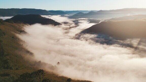 在巴西圣卡塔琳娜州的高地上靠近博恩·贾迪姆·达塞拉镇的河谷有雾的航拍时序图
