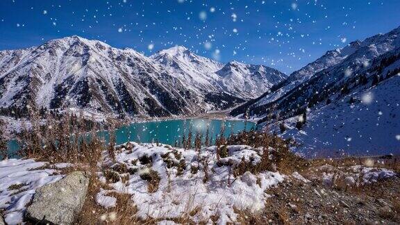 空中的冬季景观在日出时寒冷的山上有松树和积雪覆盖的森林