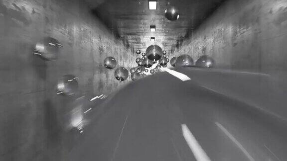 飞玻璃球在混凝土隧道三维动画