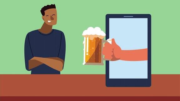 庆祝在线技术动画与非洲人和啤酒在智能手机