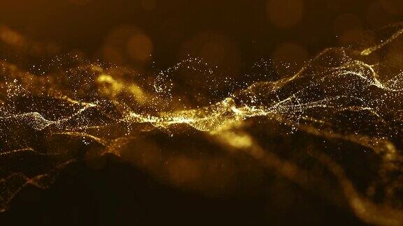 抽象的金色数字粒子波与散景和光运动背景