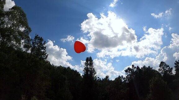心形的红色气球在春天的花园里飘向天空爱情象征着情人节爱的自由观念
