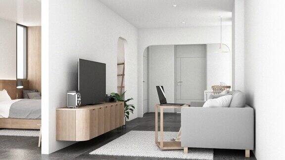 墙壁用白色的木质材料装饰弧形内置橱柜和镶木地板上的木制拱门卧室和客厅公寓3d渲染动画