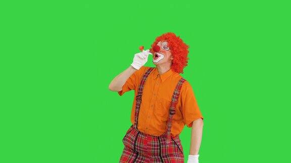 小丑与红鼻子吹派对喇叭在绿色屏幕上色度键