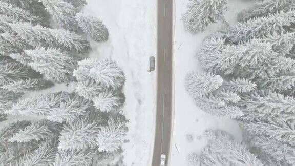 穿越冬季森林的道路航拍