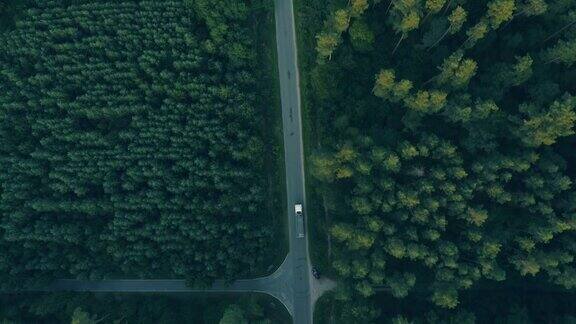 俯视货车行驶在森林道路上