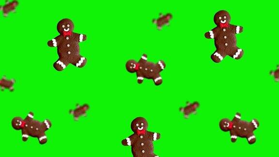 姜饼人飞行不同直径的圣诞姜饼在绿色屏幕上孤立的背景移动背景图案动画背景高质量的4k圣诞糖果镜头