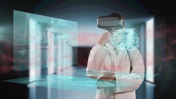 红色数码波和屏幕与医疗数据处理男性医生佩戴vr头戴