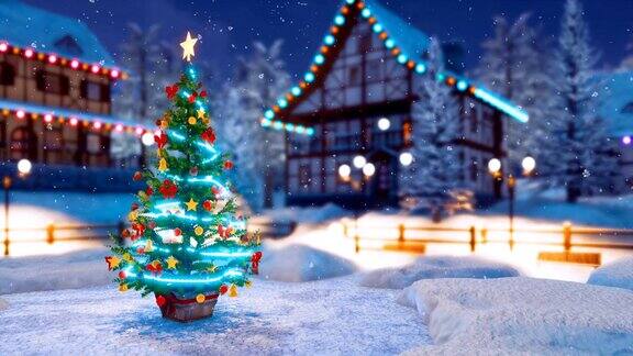 冬雪之夜镇广场上装饰的圣诞树
