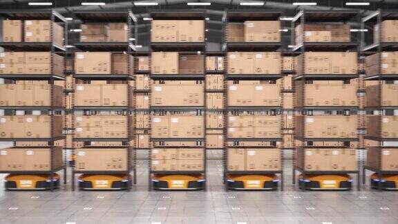 一排机器人在自动化仓库中移动货架