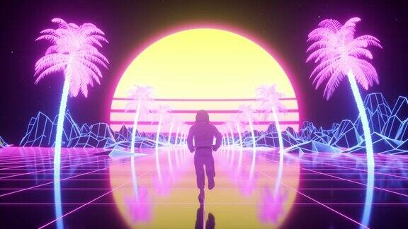 宇航员在闪烁的霓虹灯环绕下奔跑复古80年代风格的合成波背景