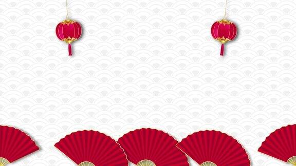 东方风格的运动图形与红色的中国灯笼和扇子在灰色图案背景与复制空间