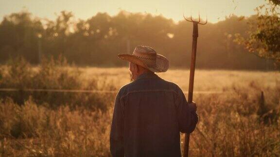 农夫拿着干草叉在田里
