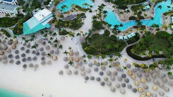 阿鲁巴海滩的顶视图在岸边的酒店白色的沙滩美丽的海滩高高的棕榈树绿松石海水度假
