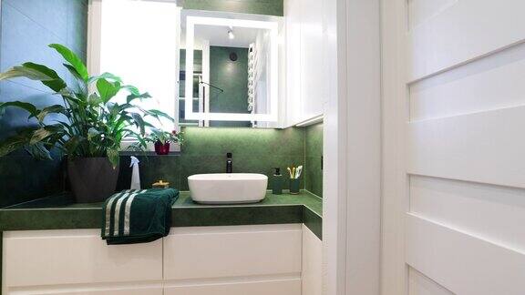 现代豪华浴室-绿色和白色瓷砖与黑色元素