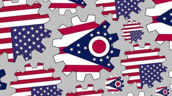 美国和俄亥俄州国旗齿轮旋转背景缩小