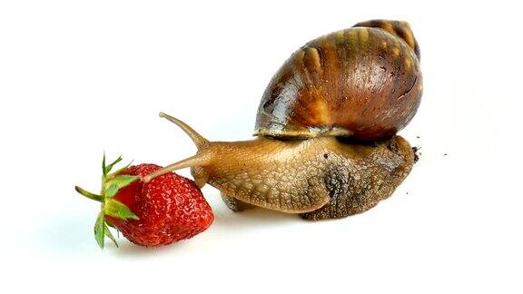 一只巨大的ahaatin蜗牛在一个新鲜的草莓周围爬行嗅探素食主义