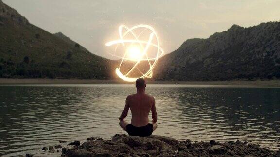 在冥想者面前的原子能符号