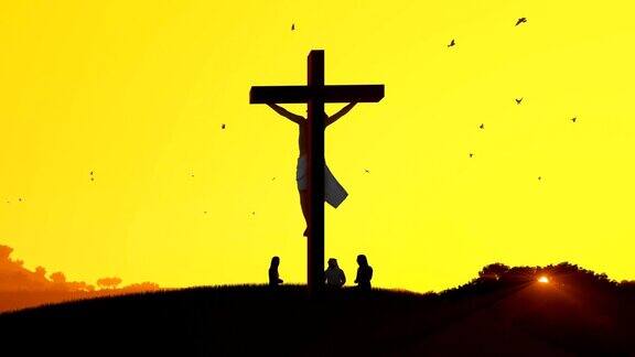 耶稣被钉在十字架上信徒们对着炙热的日落祈祷4K