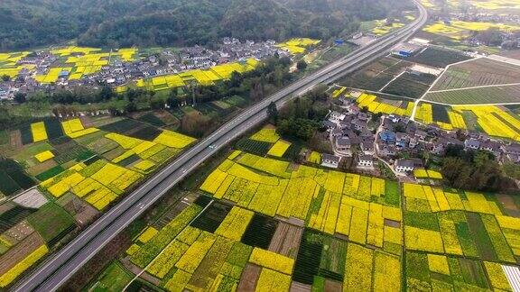 鸟瞰图的中国乡村景观在春天油菜种子盛开和村庄在高速公路