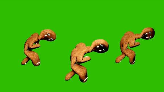 姜饼人在圣诞餐桌上跳舞庆祝循环动画在绿色屏幕前