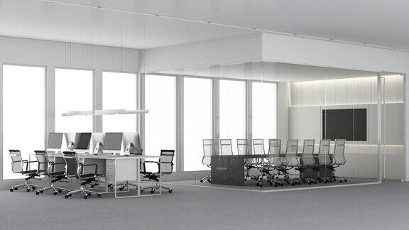 营造具有城市景观和日光的现代宽敞办公室内工作场所设计概念地毯地板和办公家具会议室工作台3d渲染动画