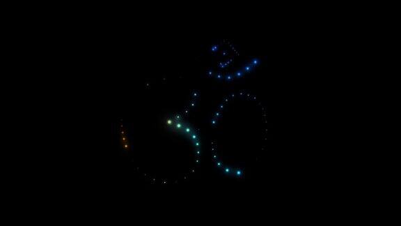 彩虹渐变的OM符号孤立在黑色背景上从众多发光的蓝色霓虹灯点中平滑地隐约可见4k循环视频动画60fps