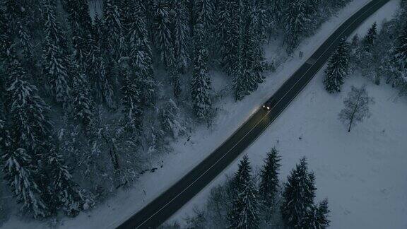 夜晚在雪域森林附近行驶的汽车