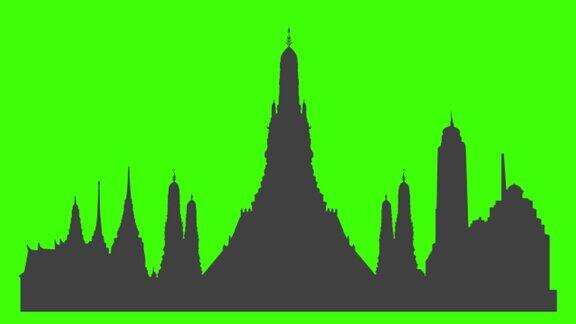 曼谷城市图标的剪影突然出现在绿色屏幕上