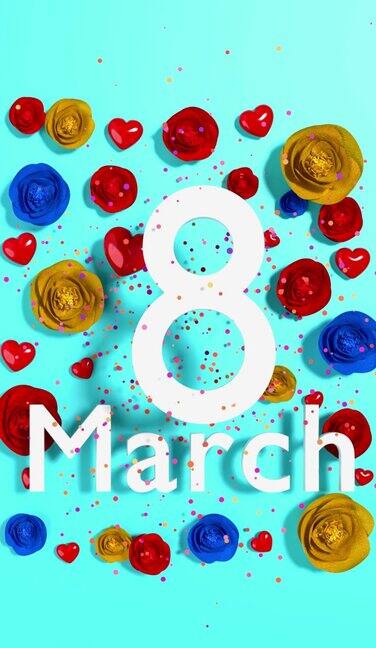 垂直循环数字8与妇女节文本和鲜花庆祝3月8日国际妇女节4K分辨率