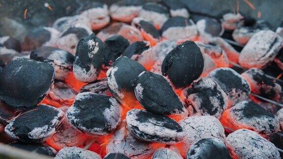 燃烧的煤炭在烧烤4K
