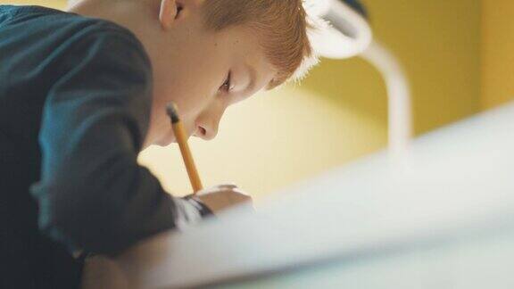 男孩(10-11)在书桌上做作业的特写