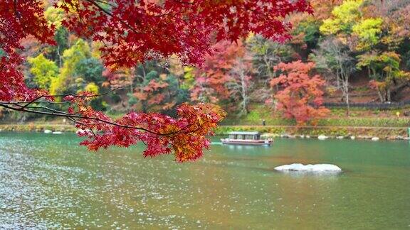 日本京都秋日荒山划船的画面