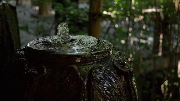慢镜头水缸喷泉在绿色花园
