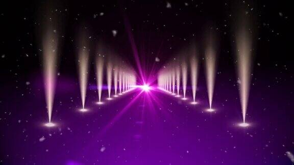 动画的雪花飘落在红地毯的会场用紫光和白色的聚光灯