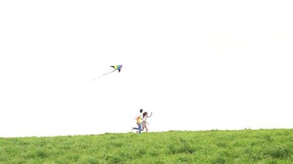 男孩和女孩在田野上放风筝