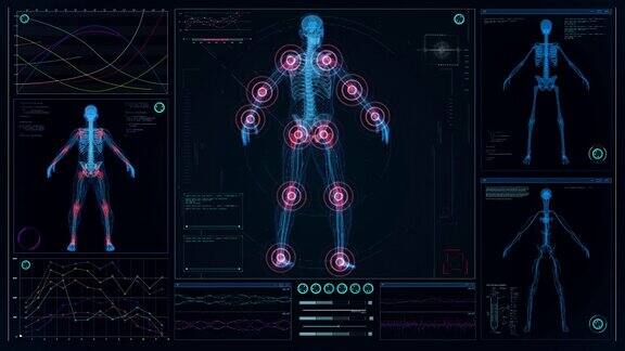 未来实验室屏幕与动画人体模型扫描虚拟病人的损伤