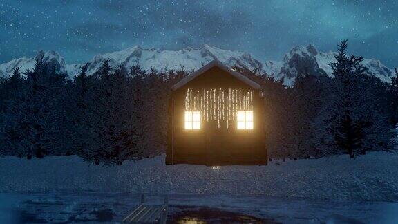发光的小木屋后面冰冻的湖的动画