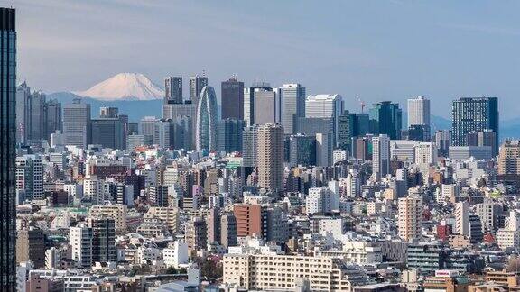 延时:新宿东京市景与富士山鸟瞰图