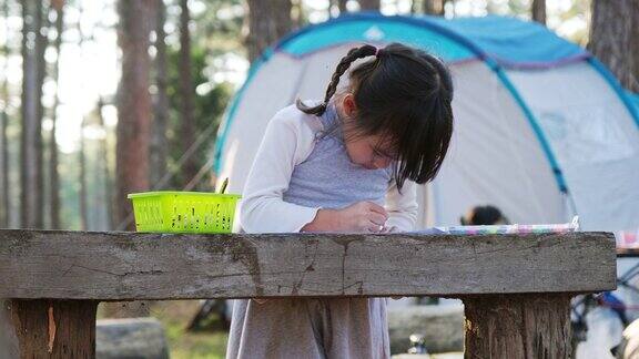 小女孩在野营时画画