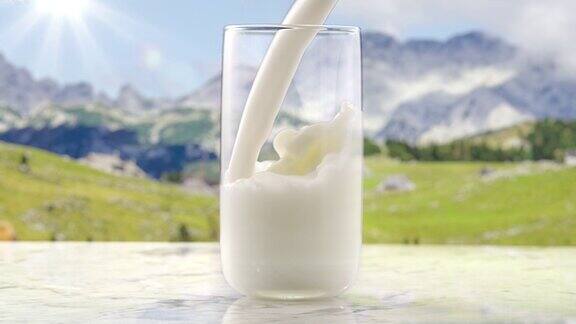 奶油牛奶饮料倒在田园背景