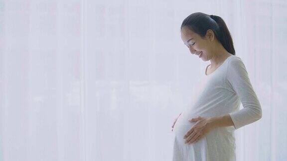 孕妇透过窗户看并在客厅抚摸宝宝