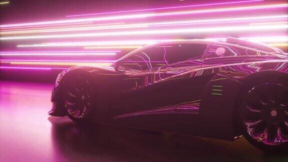 未来跑车在发光的霓虹灯线的背景上绿色氖激光器无缝循环的3d动画