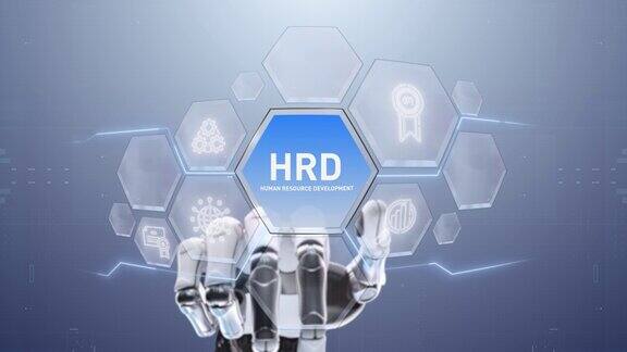 HRD人力资源开发机械手触摸触摸未来界面技术未来用户体验旅程与技术概念数字屏幕界面