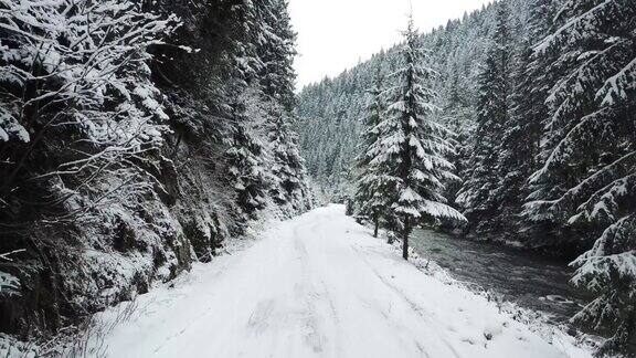 山路位于阿尔卑斯山脉白雪皑皑的森林中附近有一条山间河流流淌