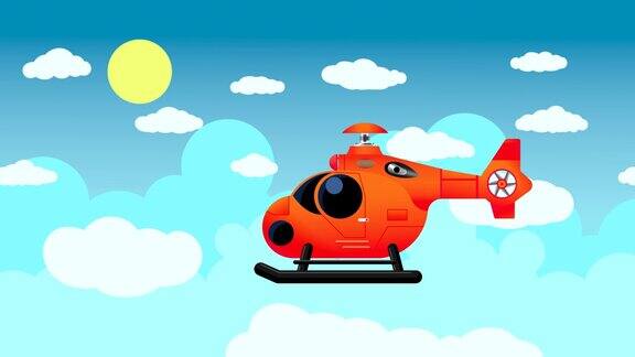 一架红色的直升机在蓝色的天空中飞行
