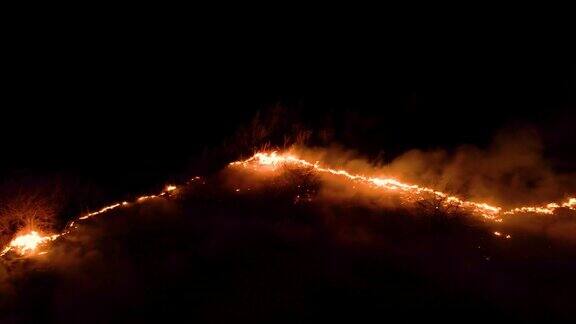 夜火在森林里有火和烟史诗级的航拍视频一团冒着烟的火焰火:夜间燃烧的、发光的火森林火灾干草在燃烧气候变化、生态在黑暗中生火